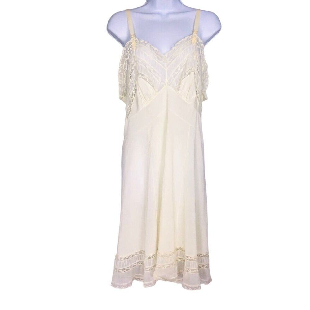 Vintage 50s Womens M Full Slip Ivory Cream Lace V Neck Grunge Punk